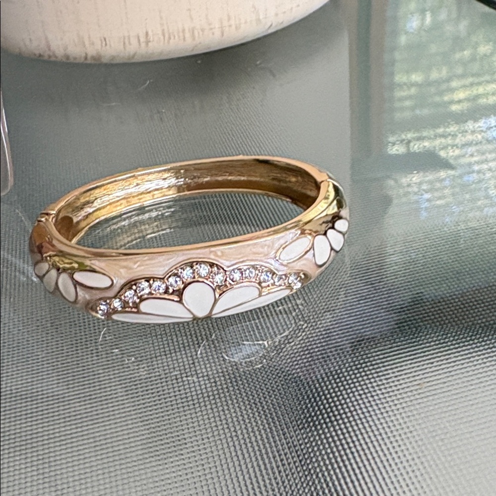 Gold-Tone Cream Enamel Floral Bangle Bracelet with Crystals